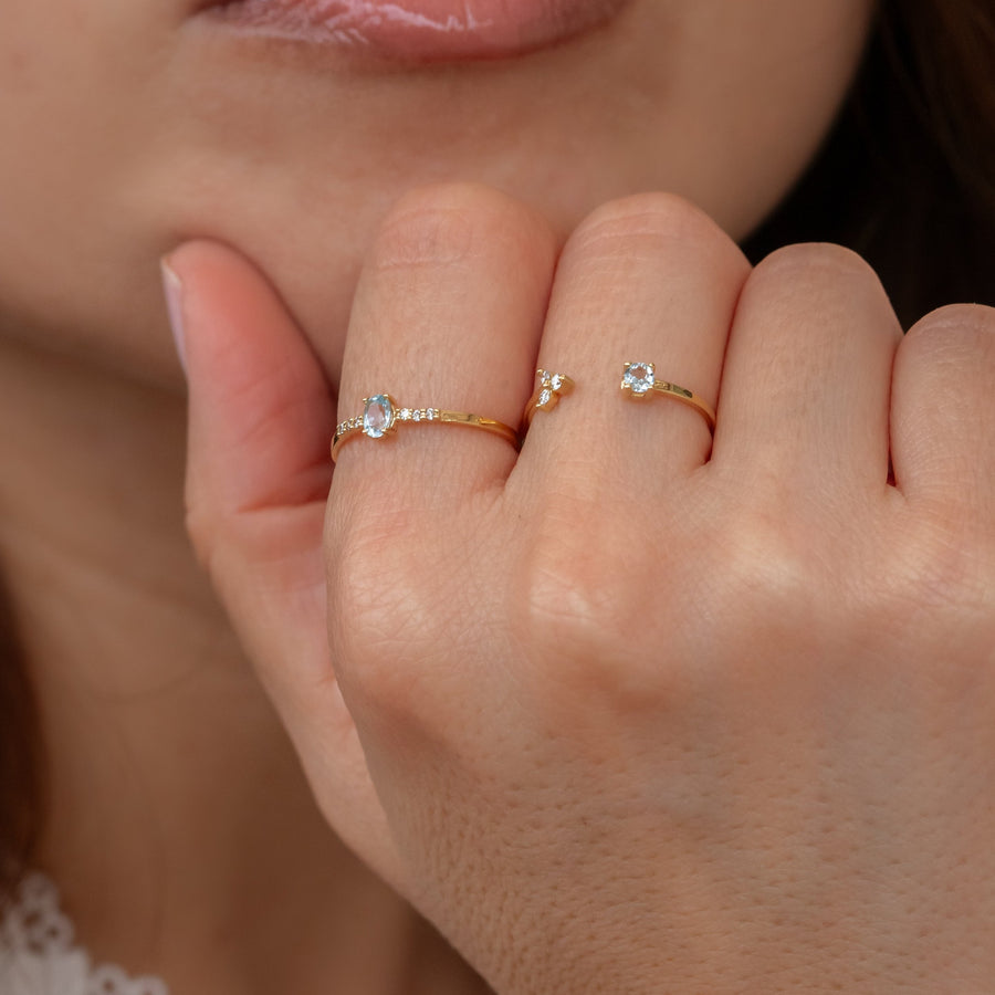 Anillo abierto Aguamarina y Cluster de Diamantes
